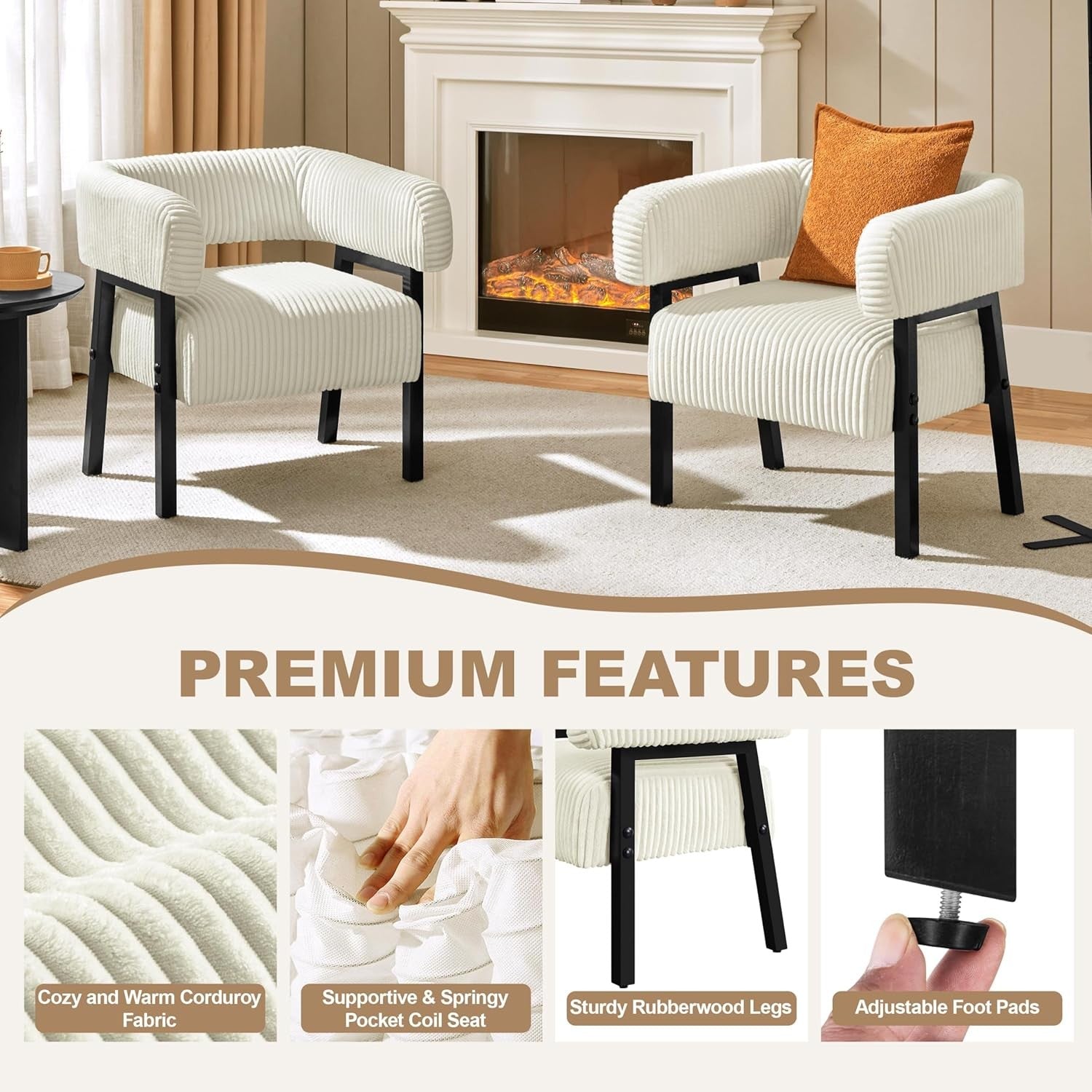 Corduroy Tub Chair Accent Armchair with Pocket Beige
