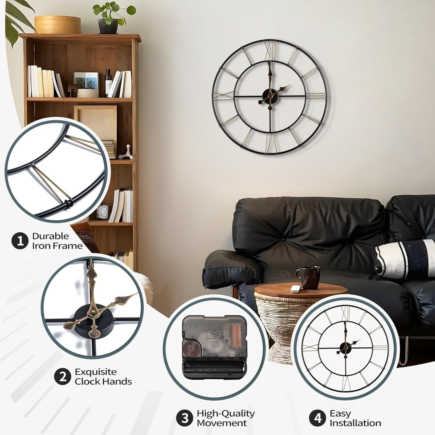Modern 40cm Metal Wall Clock Silent Roman Numeral Skeleton Home Decor