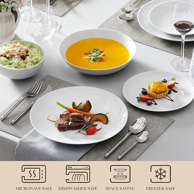 24 Piece White Dinner Set Plates Bowls Porcelain Chip Resistant Service for 6
