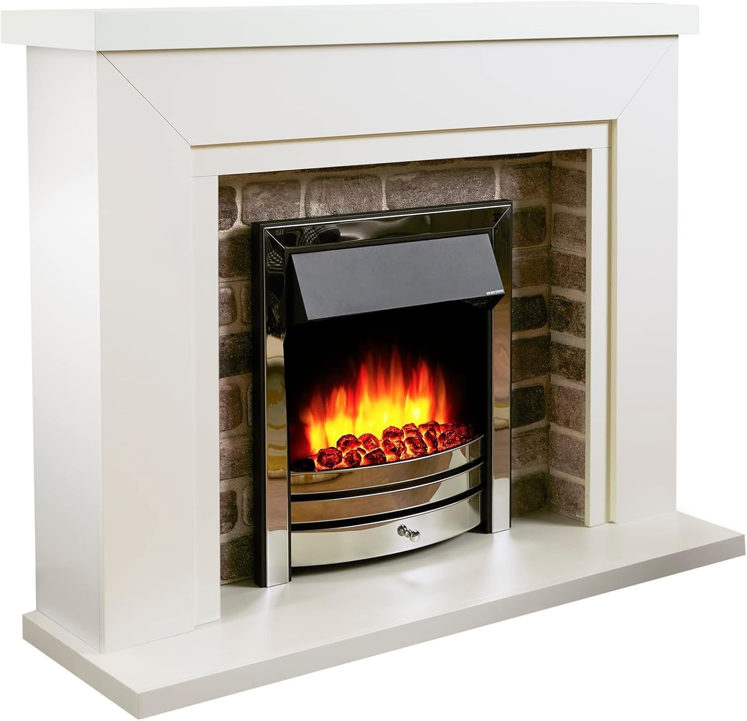 Electric Fireplace Suite 48" Remote LED Fire 1.8kW Heater White Chrome
