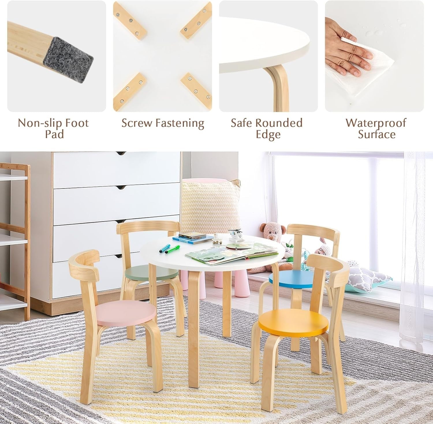Kids Table and Chairs Set Solid Wood 5pc Multicolor Round Playroom Furniture
