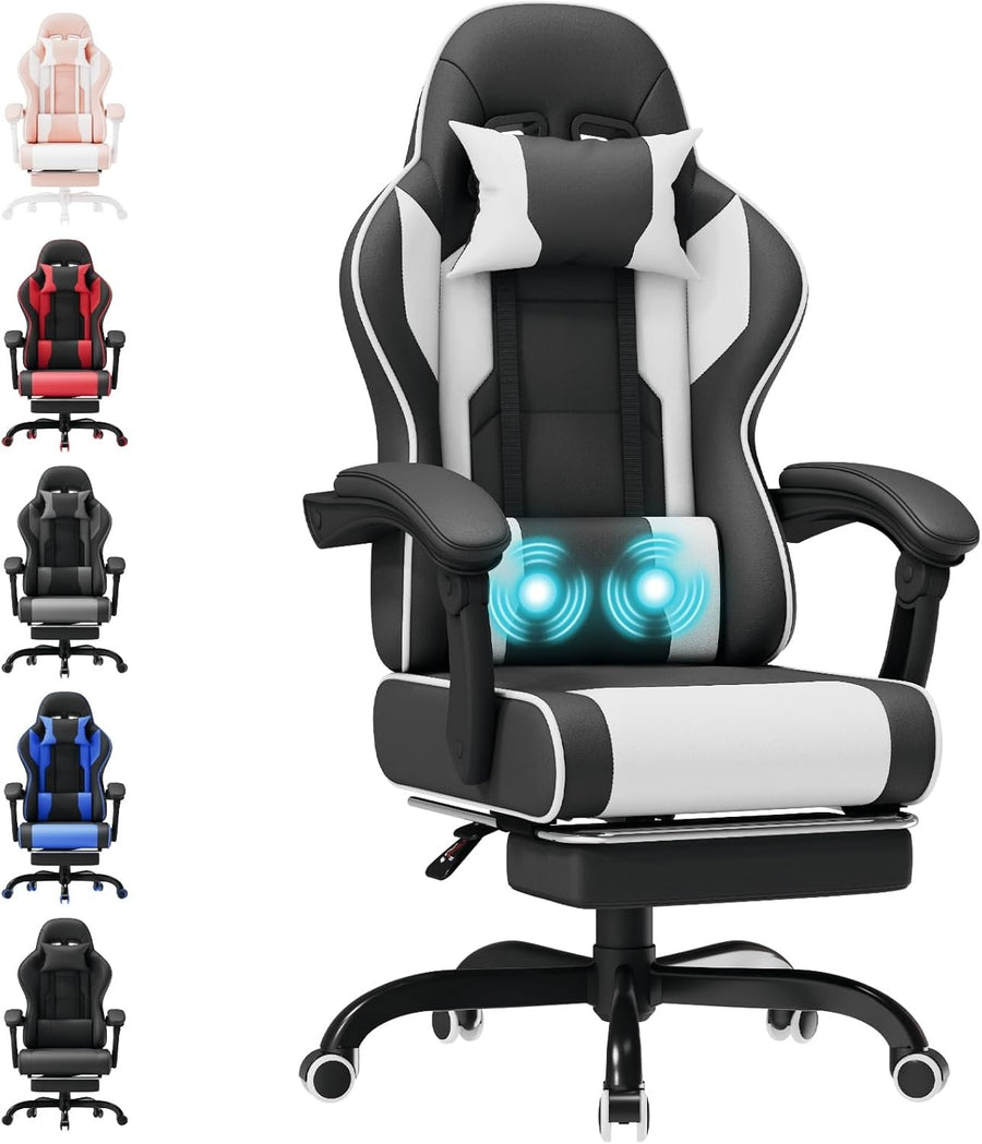 Ergonomic Gaming Chair White w/ Footrest Massage Lumbar