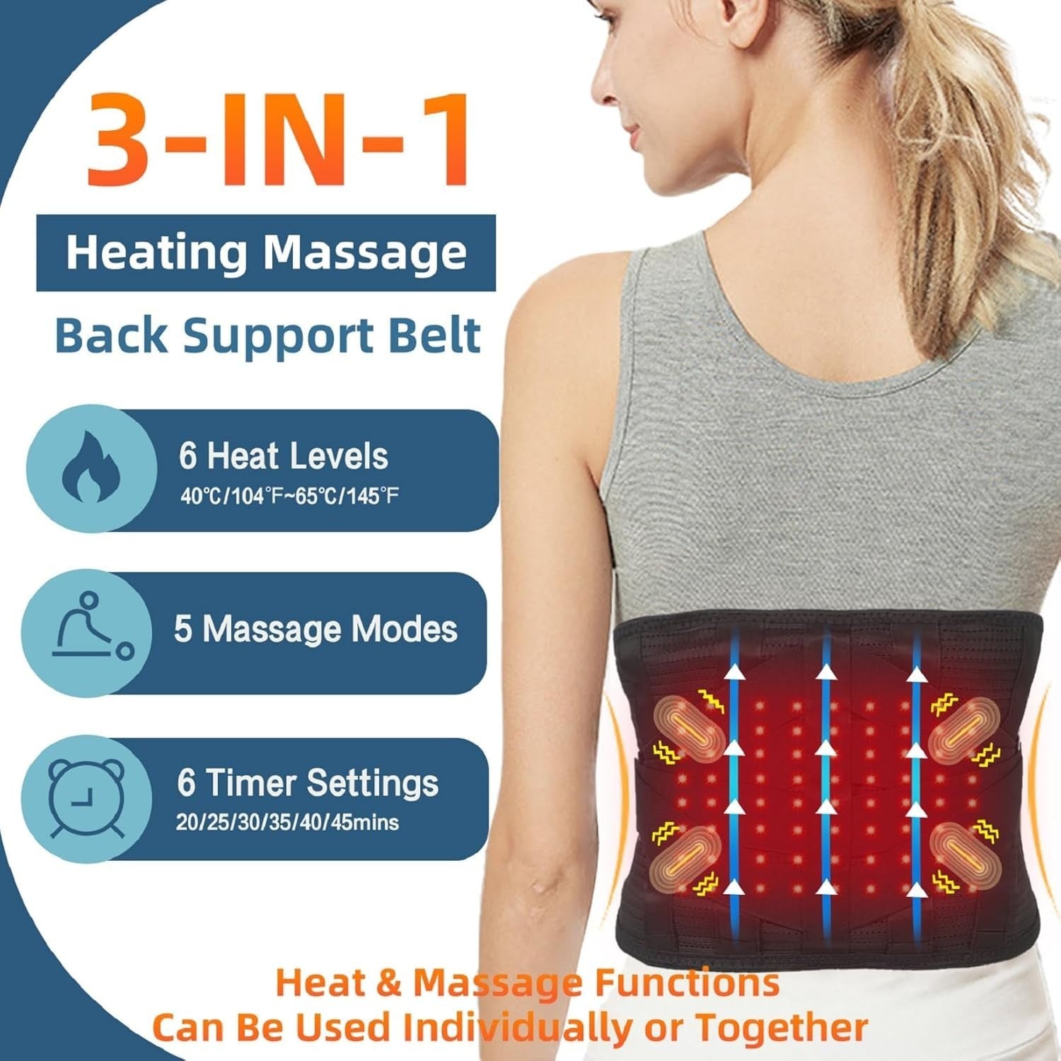 Heated Back Brace Massager Red Light Therapy Belt Pain Relief M