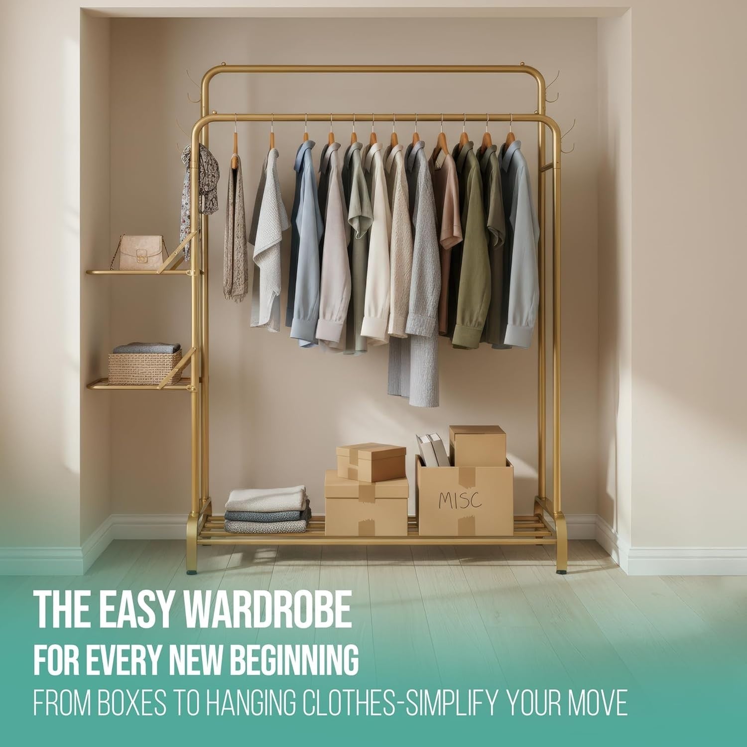 Gold Heavy Duty Clothes Rail 100KG With Folding Shelves