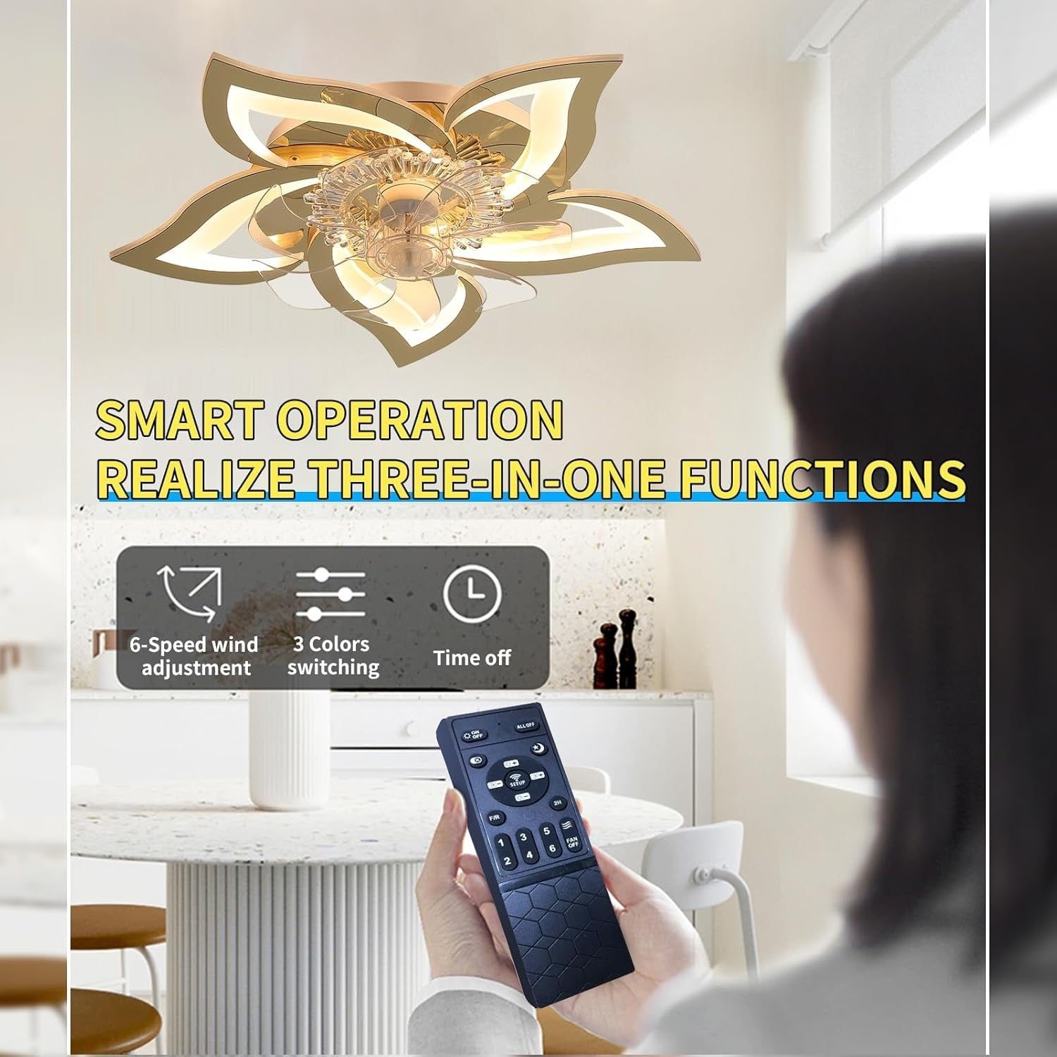 69CM Ceiling Fan Light, 6 Speeds, Dimmable LED, Remote, Gold, Bedroom/Living