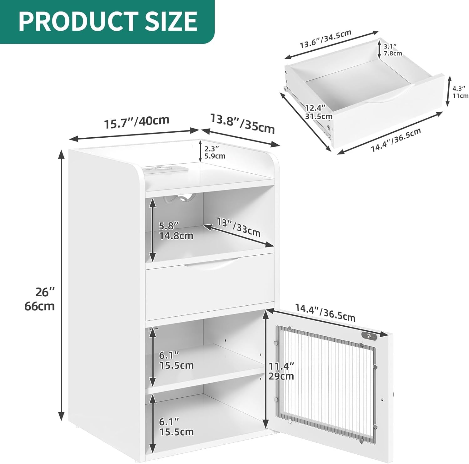 White LED Bedside Table with Charging Station, Drawer Storage & Shelf