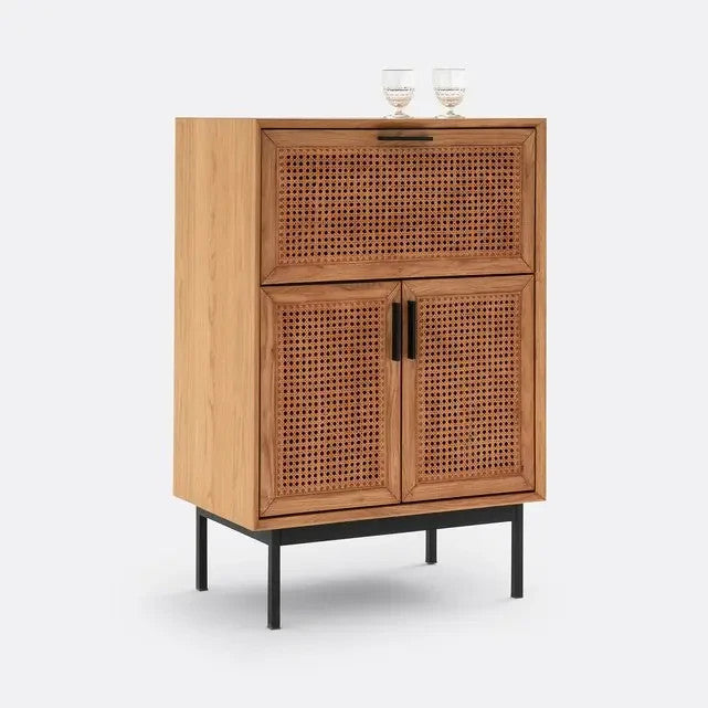 Oak & Cane Bar Cabinet – 70cm Compact Drinks Storage Unit with Drop Door