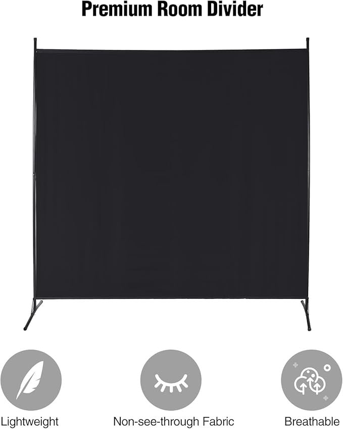 Black 1 Panel Freestanding Room Divider – 6FT Folding Privacy Screen for Home