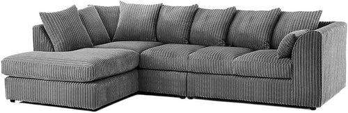 Luxury Grey Jumbo Cord L Shape Sofa 5-Seater Left Hand Scatter Back Couch