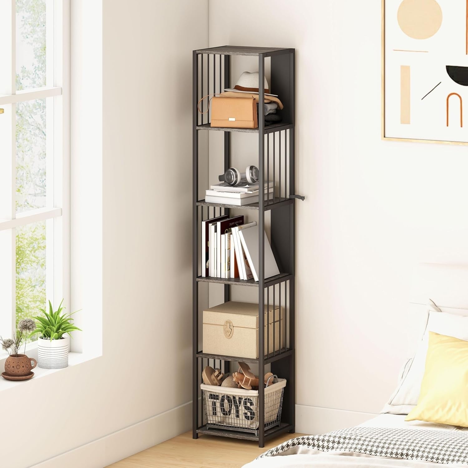 Tall 5-Tier Metal Frame Bookcase Modern Open Display Shelf Unit – Grey