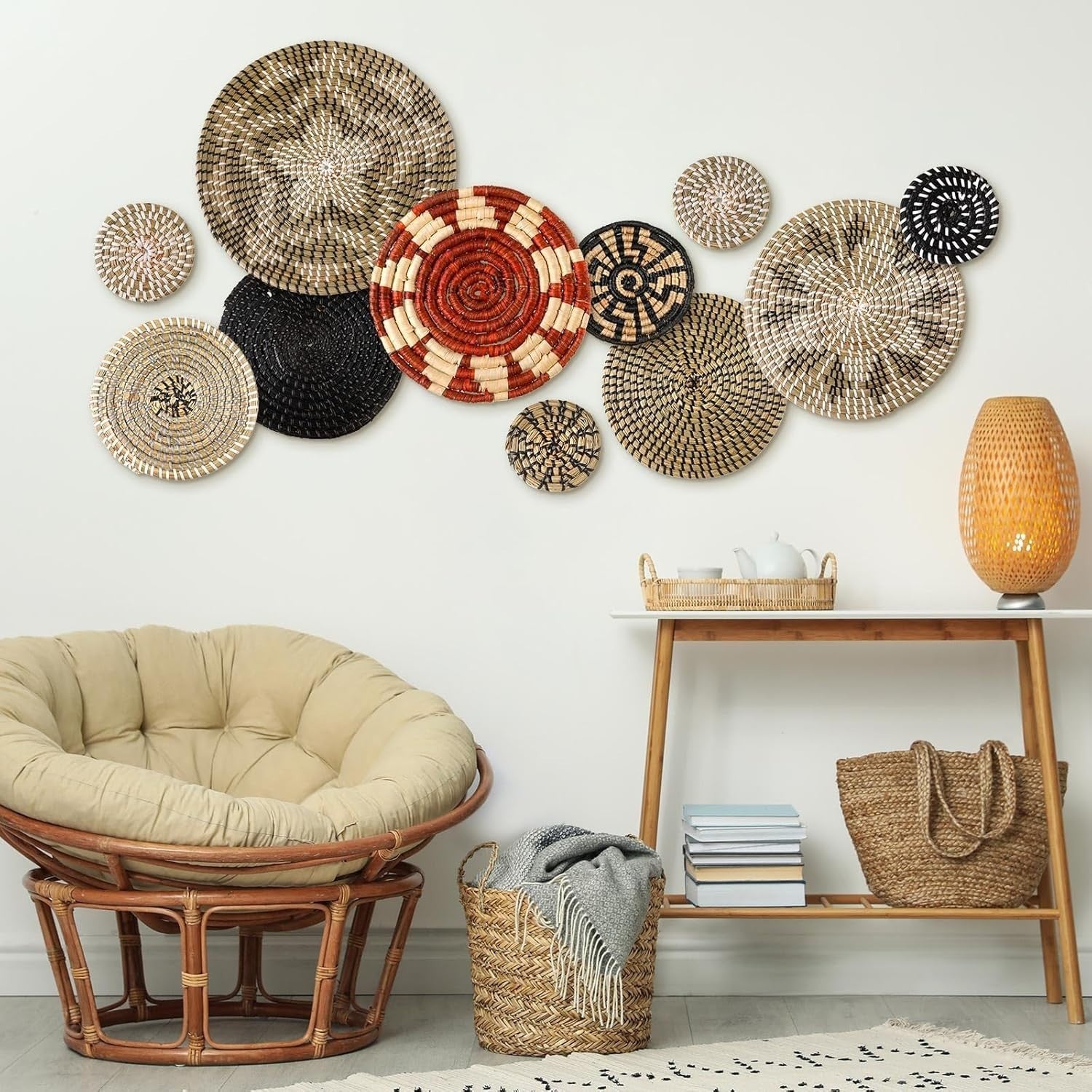 11PCS Boho Woven Wall Baskets Bulrush Farmhouse Decor Clr Classic