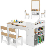 Kids Wooden Art Table and Chairs Set w/ Flip Top Easel Paper Roll Storage White