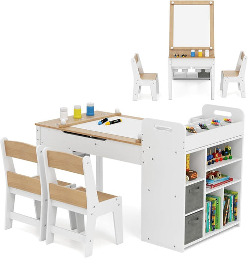 Kids Wooden Art Table and Chairs Set w/ Flip Top Easel Paper Roll Storage White