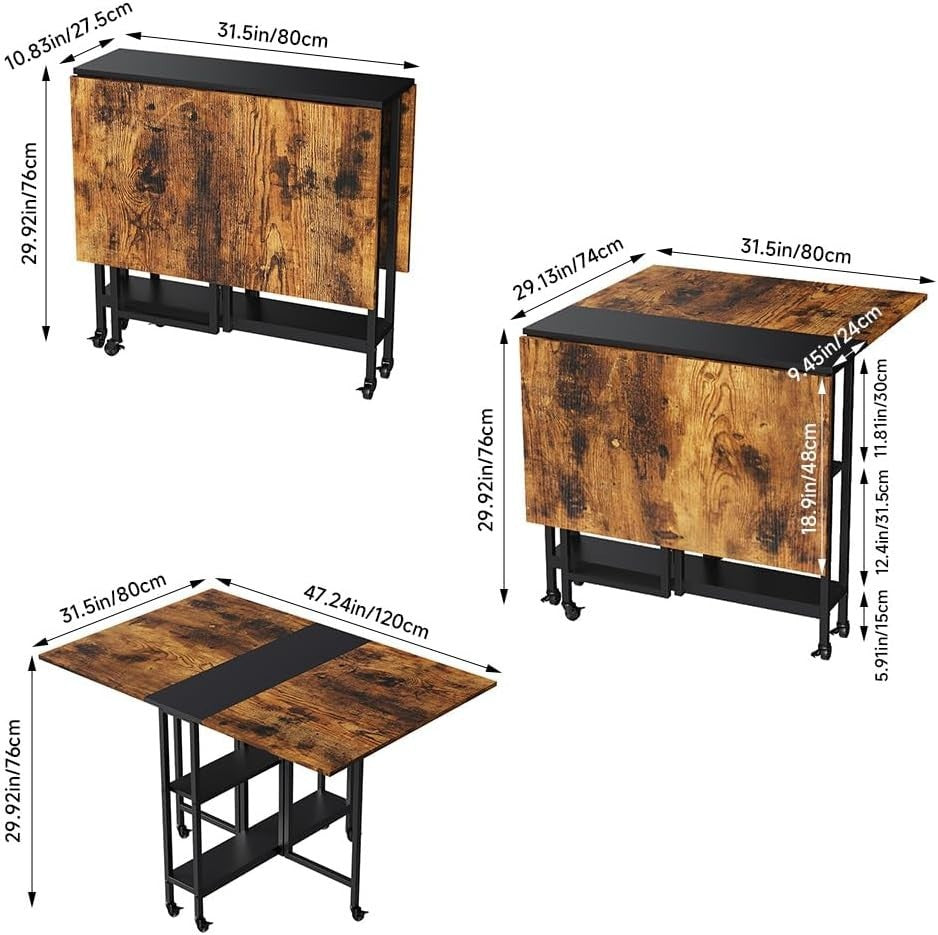 Foldable Space Saving Dining Table with Storage Shelves & Wheels for Small Rooms