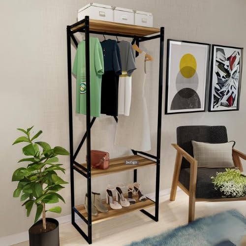 3-Tier Walnut Wooden Coat Rack & Shoe Storage Stand with Metal Frame – Entryway