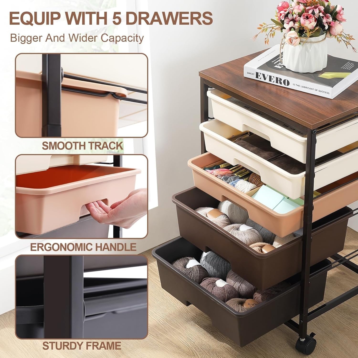 5 Drawer Rolling Storage Cart Utility Organizer Trolley Brown Wheels