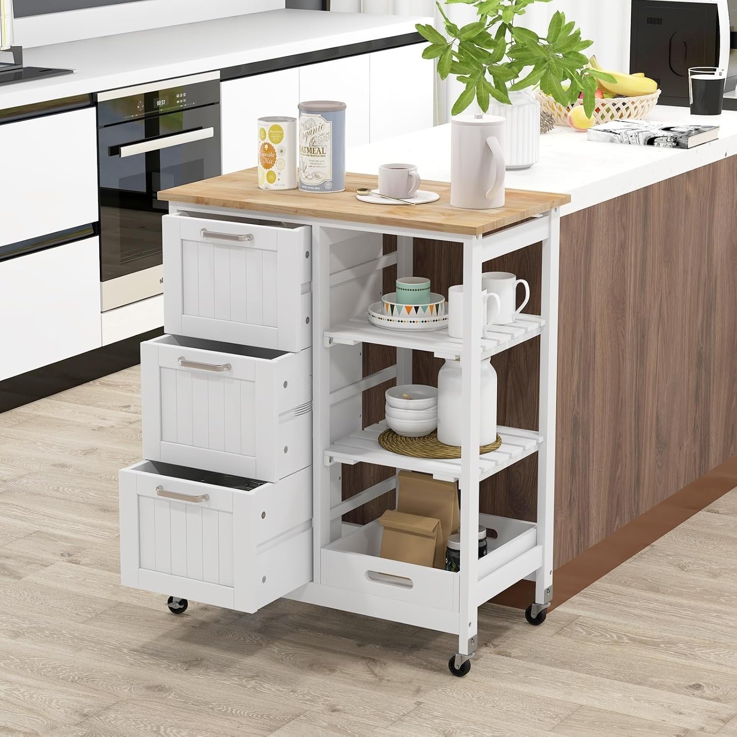 White Kitchen Island Cart 3 Drawers Rolling Trolley