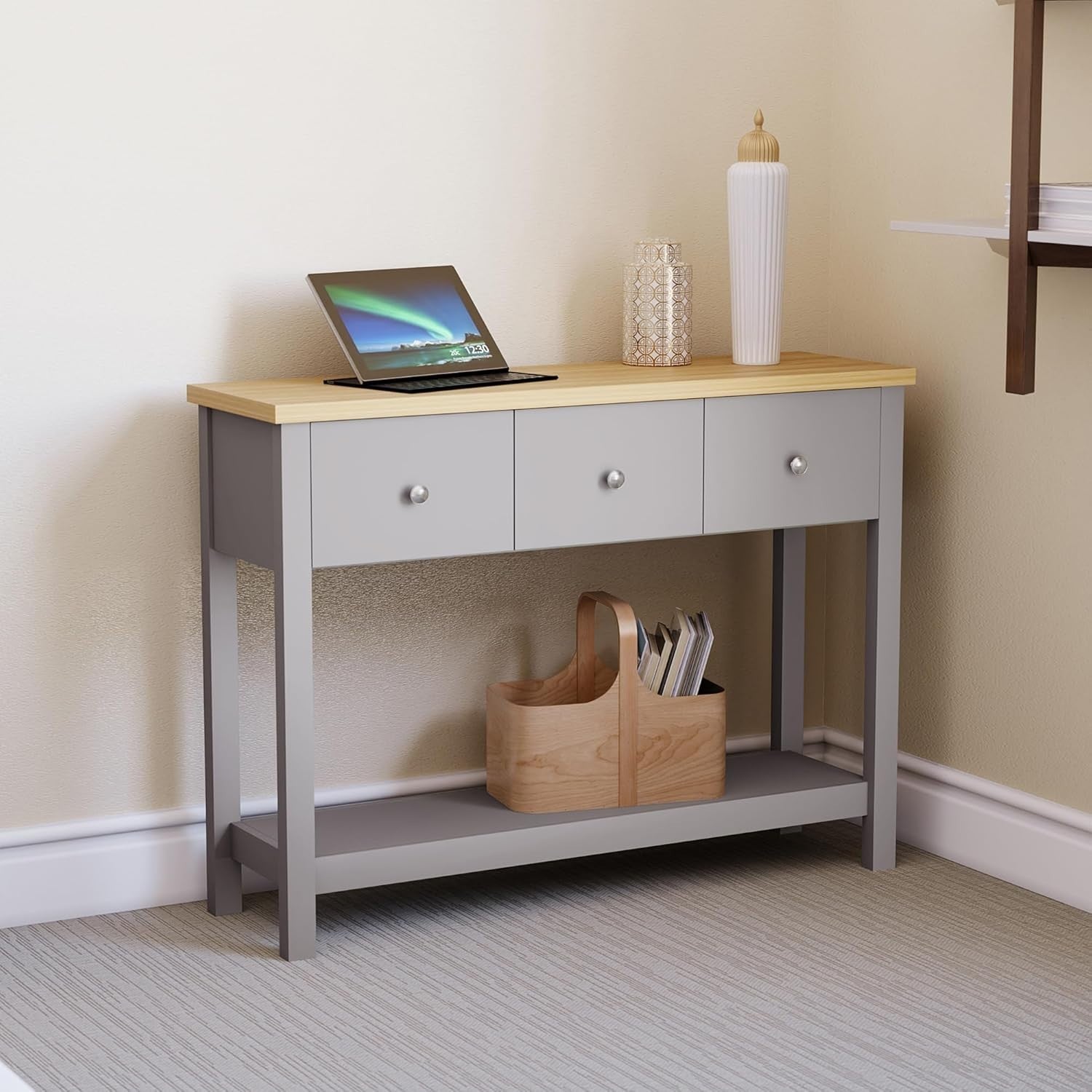 Console Table with Storage Shelf & 3 Drawers, Grey MDF, 74H x 100W x 30D cm
