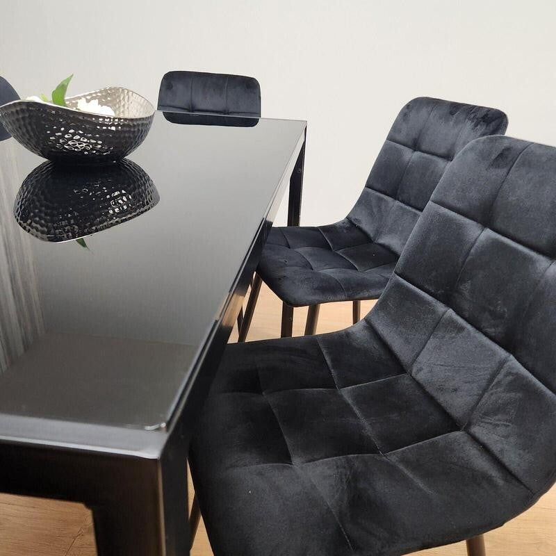 Glass Dining Table Set with 6 Velvet Chairs | Modern Black Kitchen Set