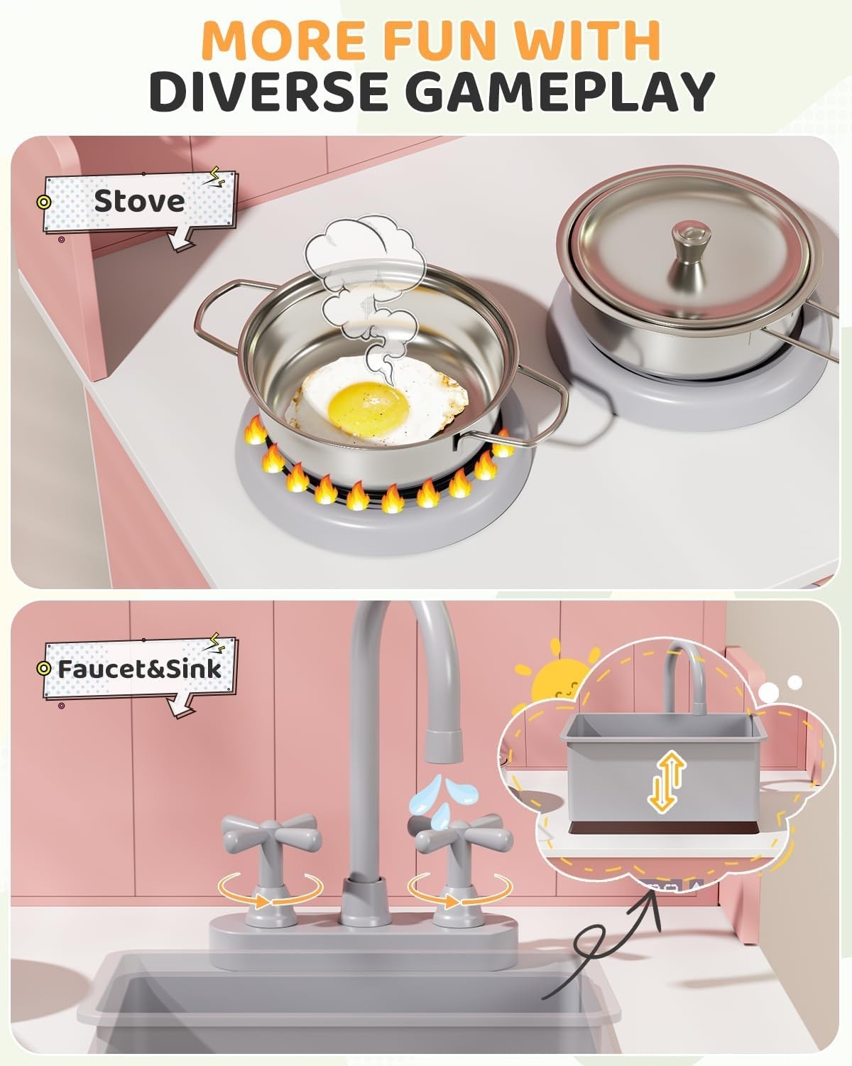 Wooden Kids Play Kitchen Pink Toy Cooker Sink Cookware Storage Set