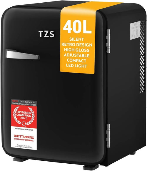 40L Retro Mini Fridge Silent Frost-Free LED Interior Freestanding Black