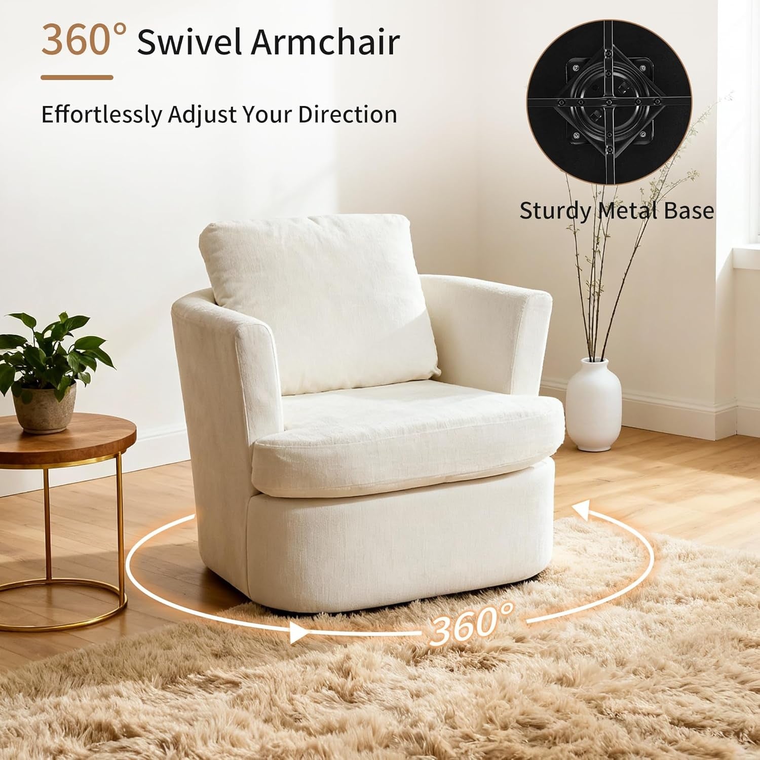 Swivel Tub Chair Accent Armchair with Pillow White Fabric
