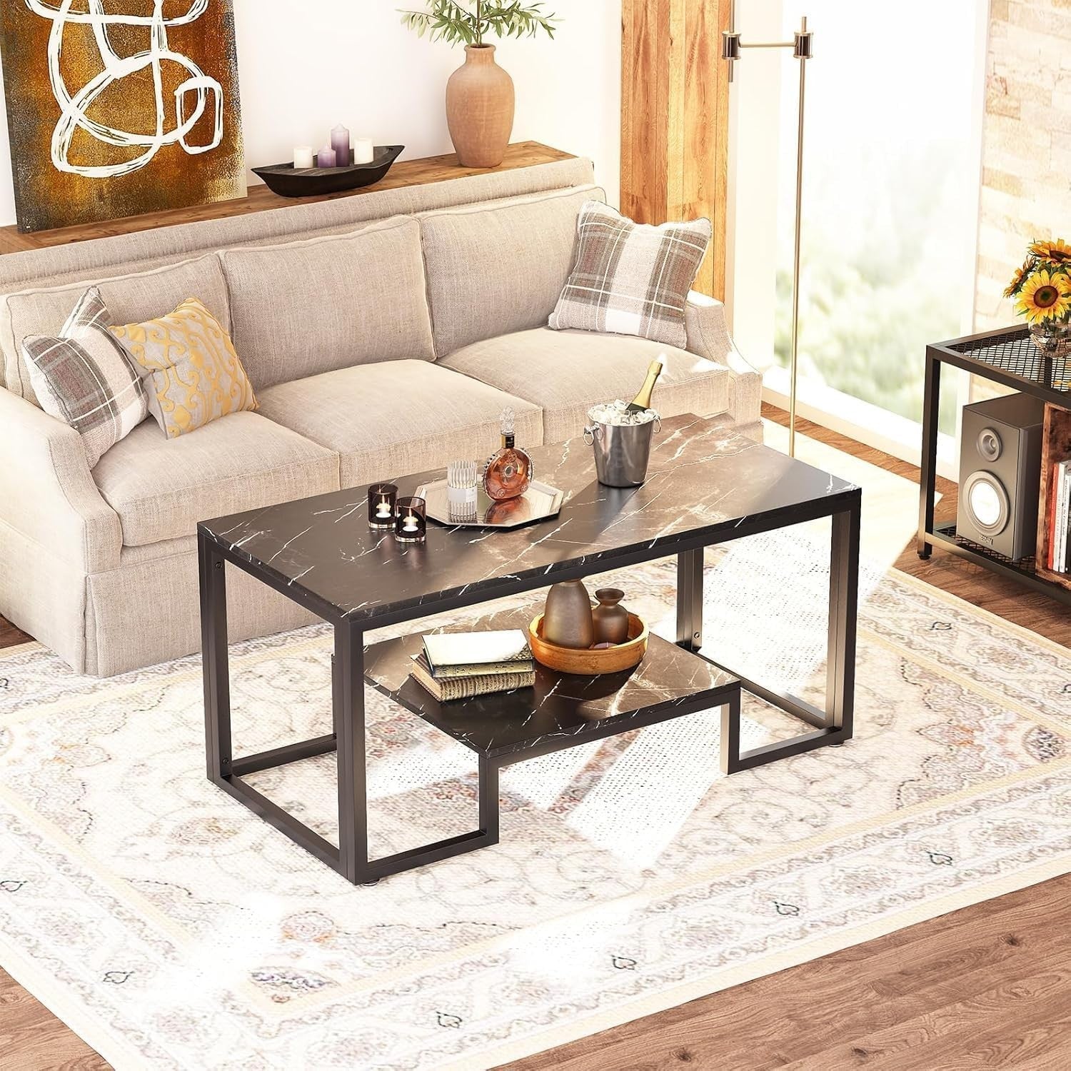 Black Marble Coffee Table with Storage – Modern 2-Tier Metal Frame 100cm