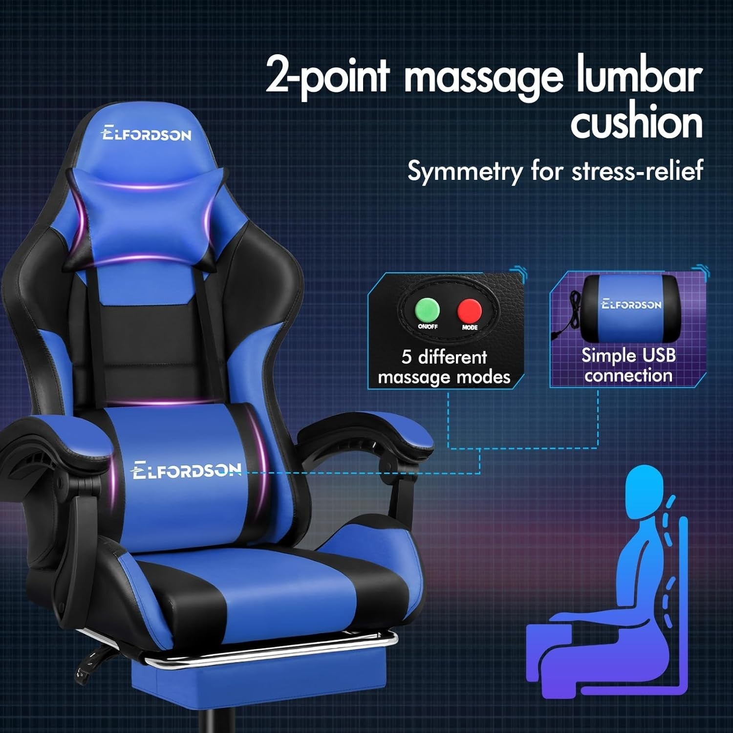 Gaming Chair Recliner Office Swivel Desk Chair Massage Lumbar Cushion Blue PU Le