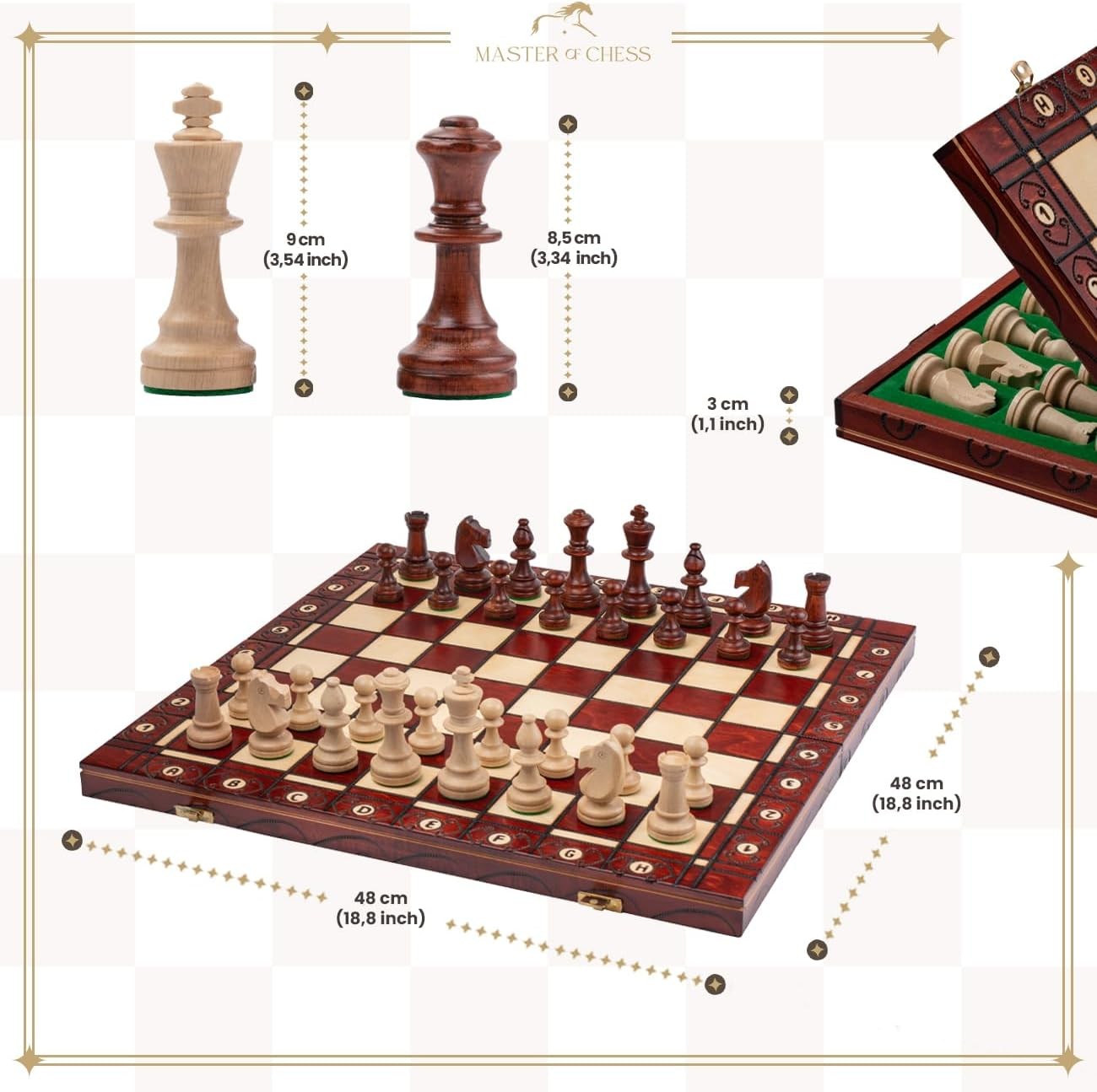 48cm Tournament Wooden Chess Set | Foldable Board | Weighted Staunton Pieces