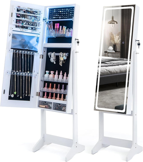 White LED Jewellery Cabinet Full Length Mirror Adjustable Lockable Storage