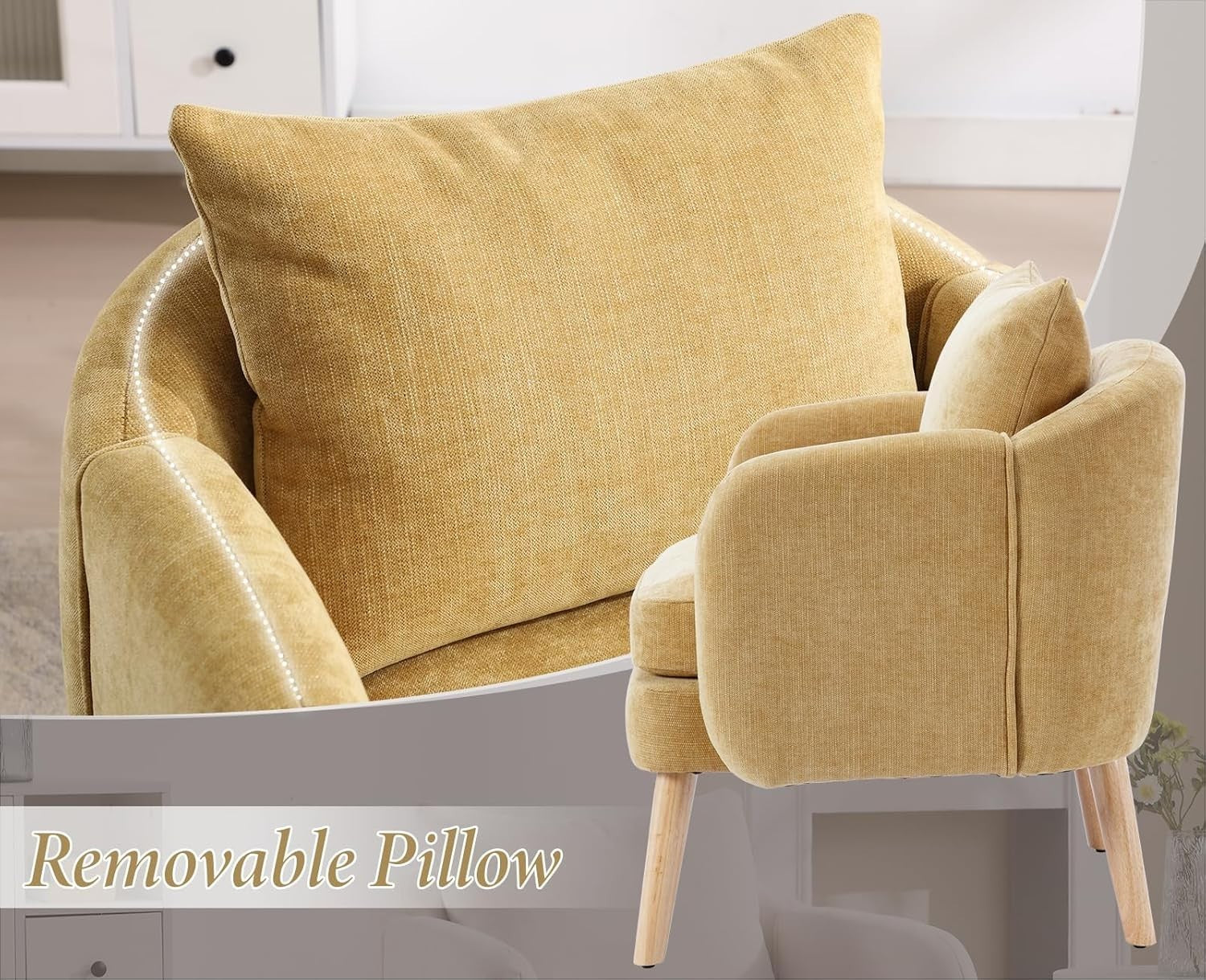Yellow Accent Armchair Chenille Lounge Chair with Wood Legs for Living Room