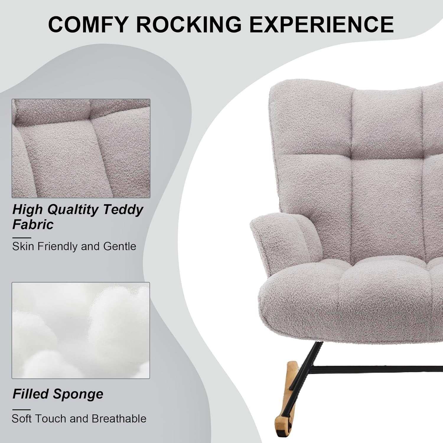 Rocking Chair Nursery Glider Comfy Armchair High Back Padded Seat Grey Teddy