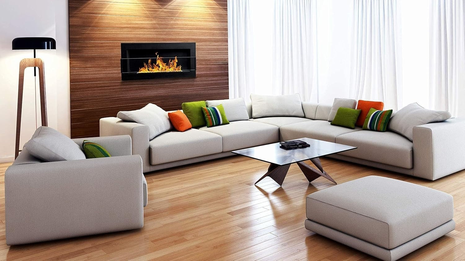 Wall-Mount Bio Ethanol Fireplace Modern Black Glass with Flame Effect