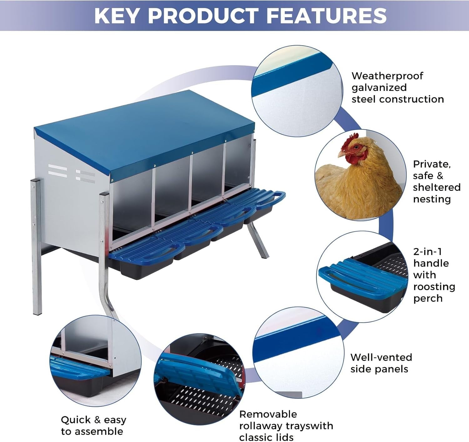 4 Chamber Steel Chicken Nesting Box with Stand Pull Out Tray