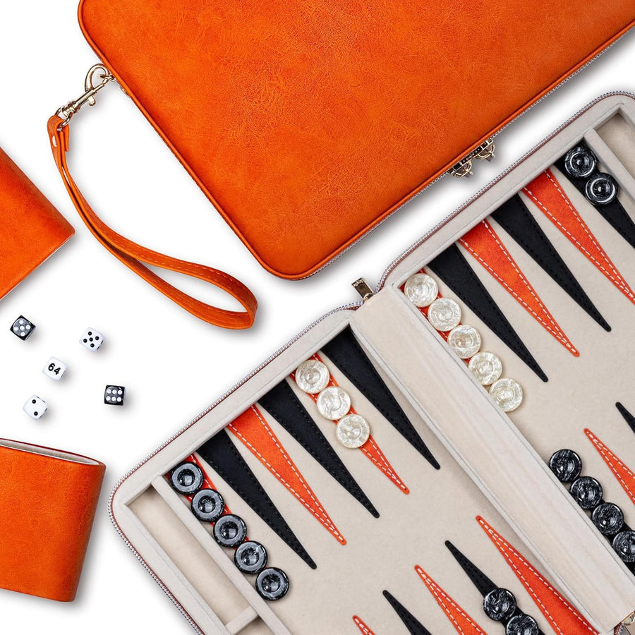 9.4 Inch Travel Backgammon Set Faux Leather Folding Board Portable Game