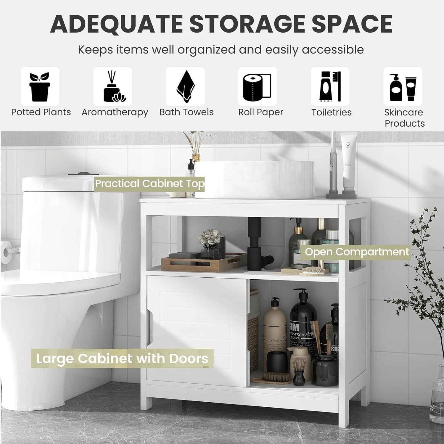 White Under Sink Bathroom Cabinet – Sliding Door Vanity Storage Unit 60x60cm