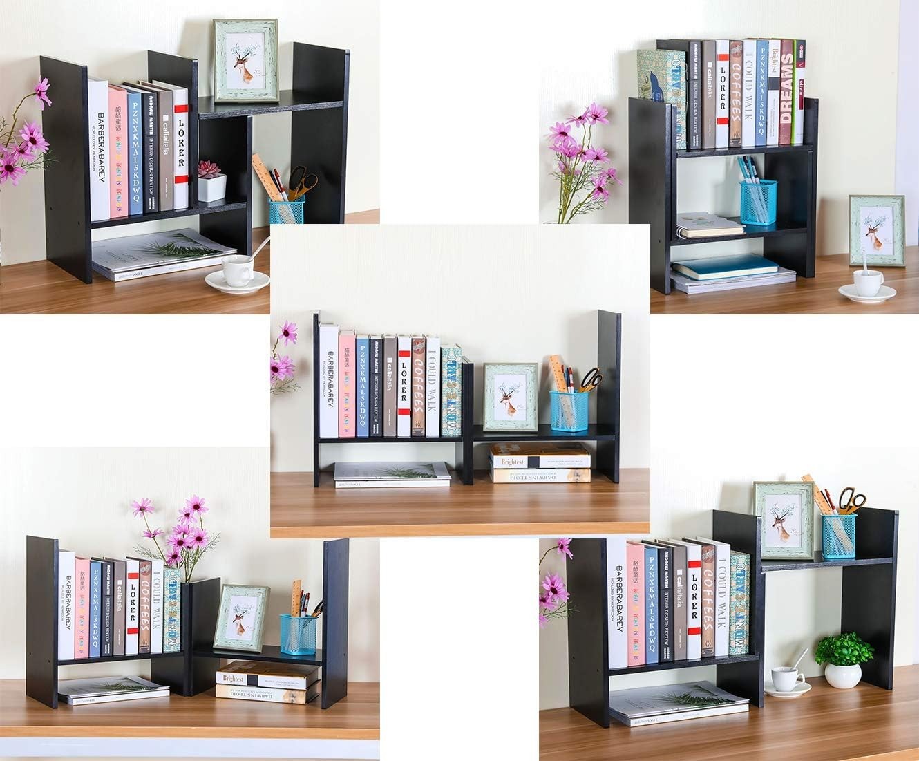 Adjustable Black Wood Desktop Bookshelf 3-Tier Space-Saving Desk Organizer