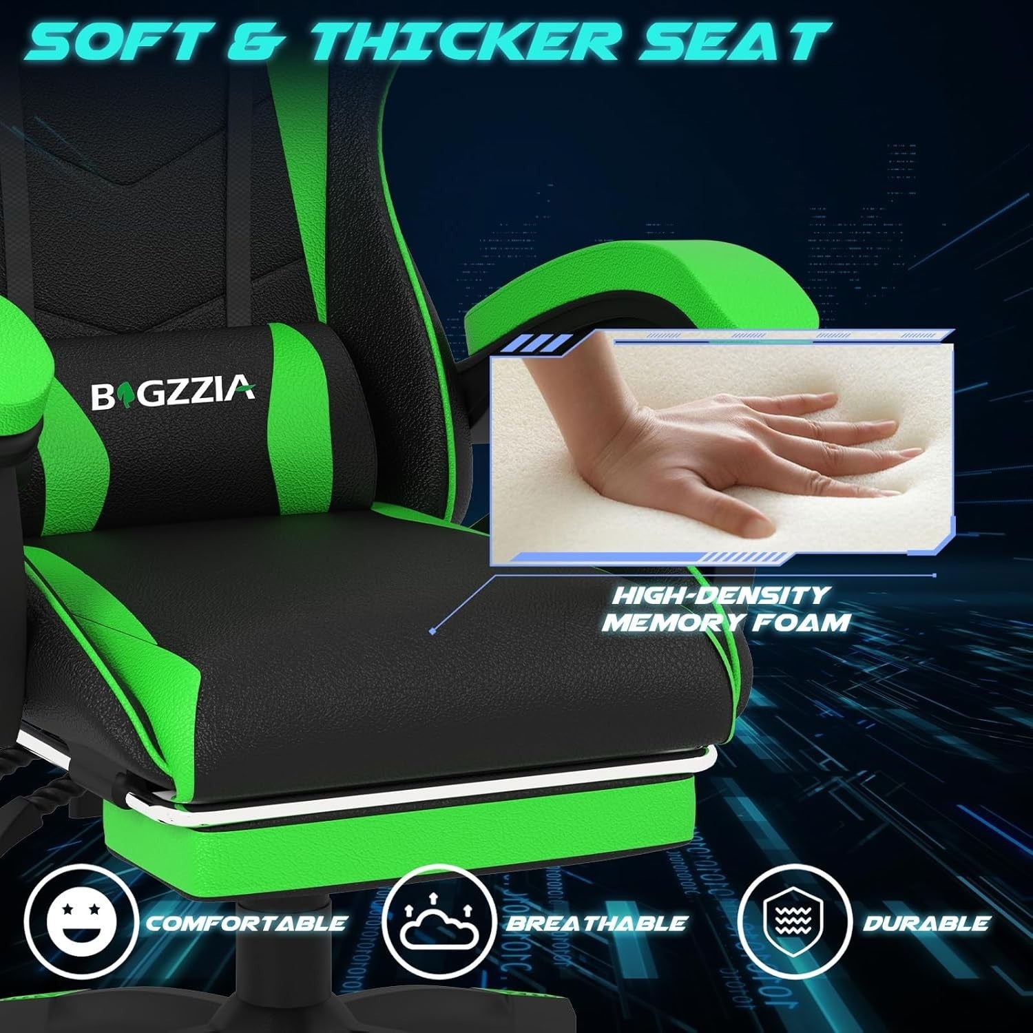 Gaming Chair Ergonomic High Back Adjustable Lumbar Reclining PU Leather Green/Bl