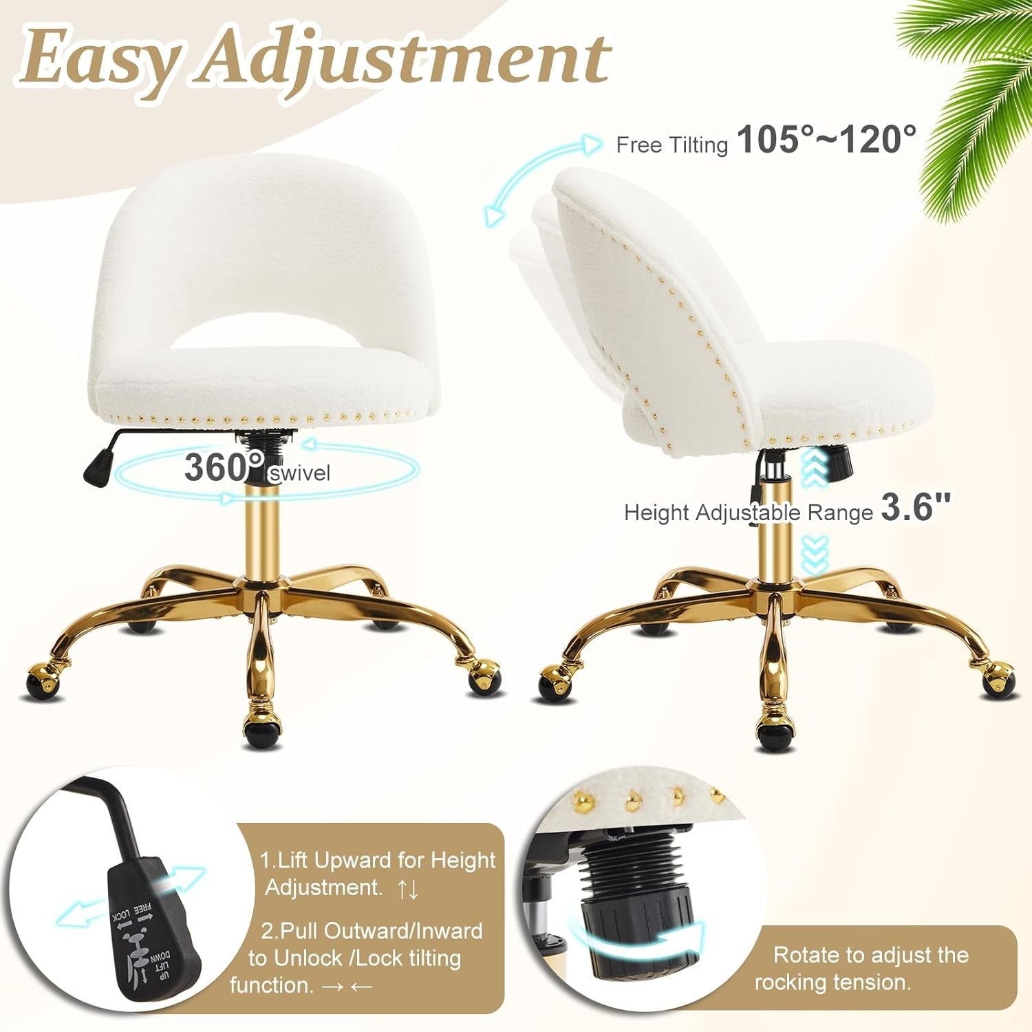 White Teddy Swivel Vanity Chair – Adjustable Height Desk Chair for Bedroom