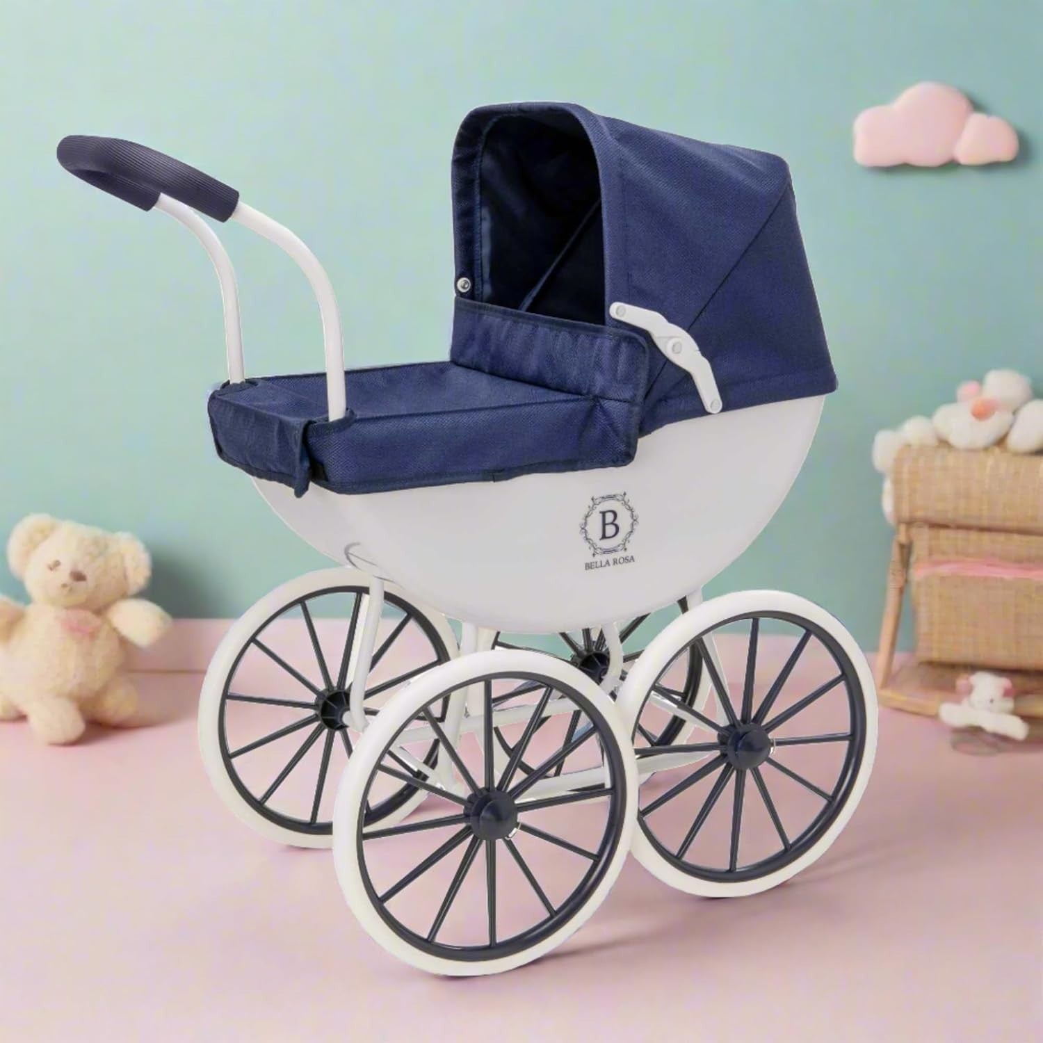 Traditional Dolls Pram Carriage Pushchair Vintage Style White Wheels