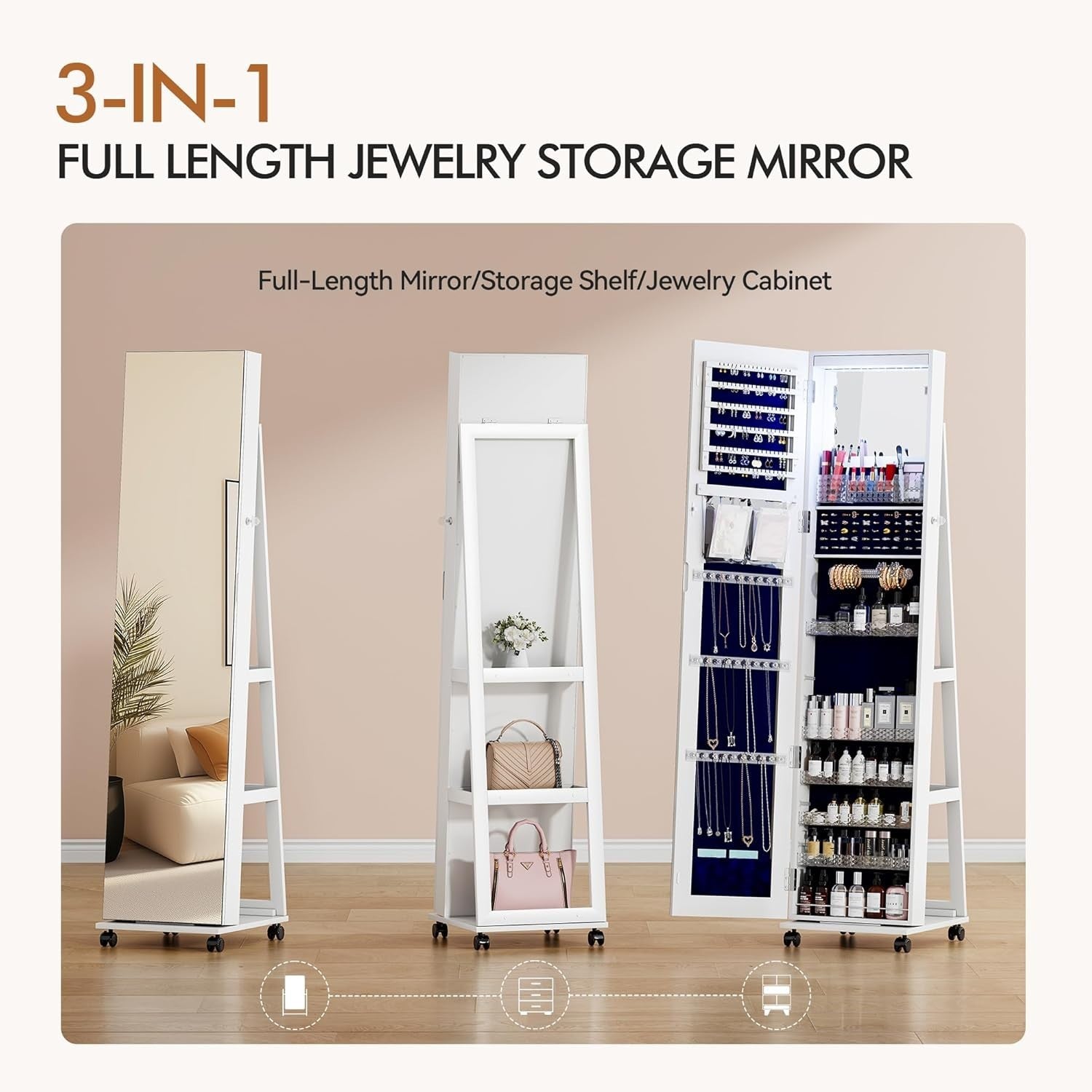 White 360° Rotating Jewellery Cabinet Full Length Mirror with Wheels