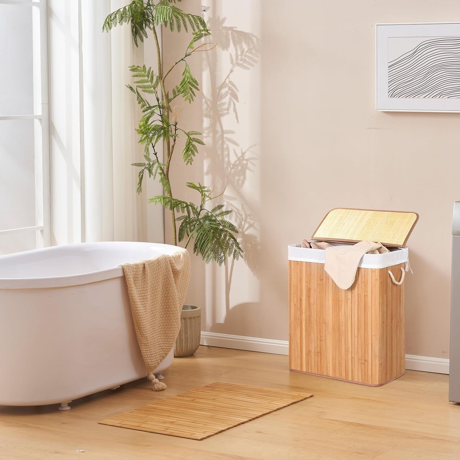 XL Bamboo Laundry Basket 2-Compartment 100L Hamper with Lid & Handles | Folding