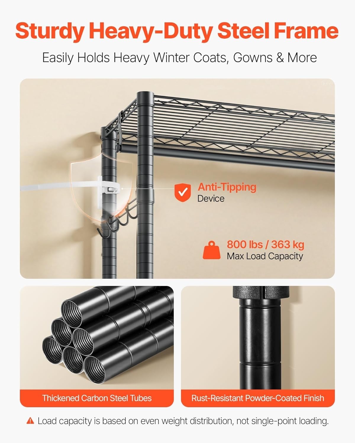 Heavy Duty Clothes Rack 6 Tier Steel Closet 363KG Wardrobe