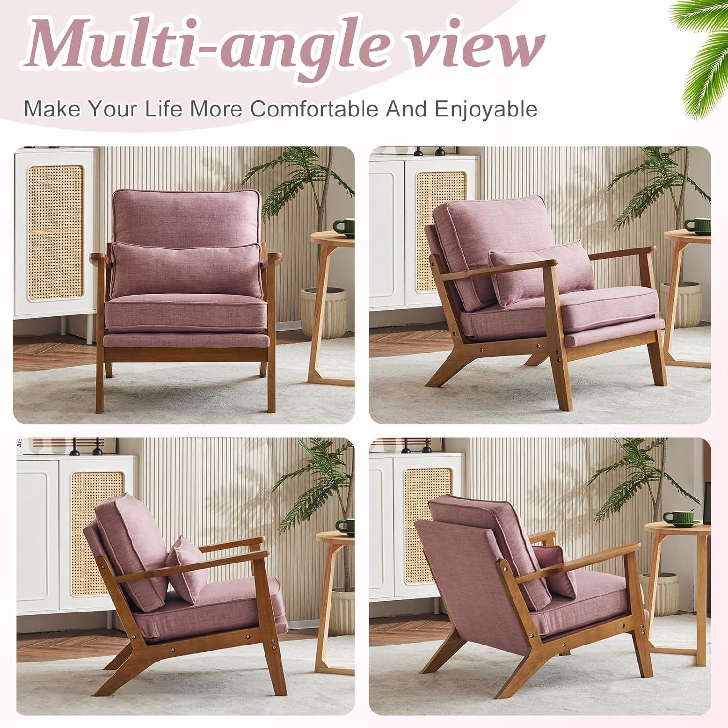 Peach Pink Fabric Accent Chair – Solid Wood Lounge Armchair Wide Arm