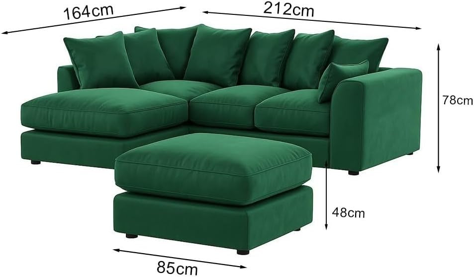 Green Velvet 4 Seater L Shape Corner Sofa with Footstool – Plush Memory Foam