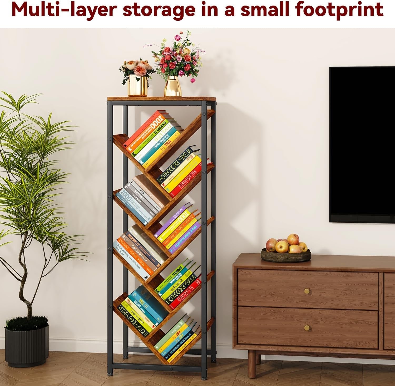 9-Tier Rustic Brown Tree Bookshelf Narrow Space Floor Standing Shelf