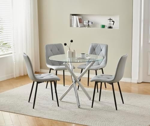 Modern 5-Piece Round Glass Dining Table Set with 4 Grey Chairs