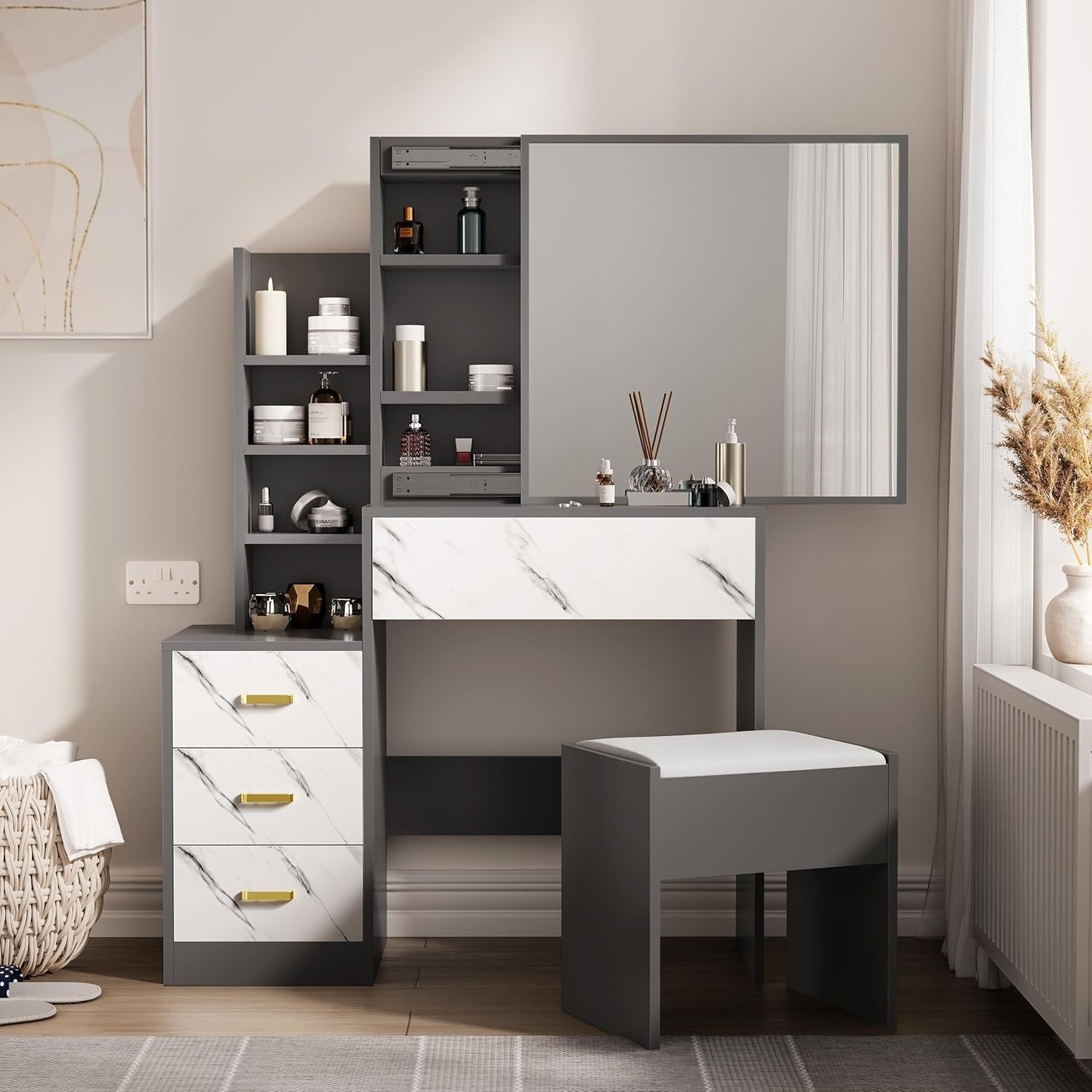Vanity Makeup Dressing Table Mirror Hidden Storage 4 Drawer Dark Grey White
