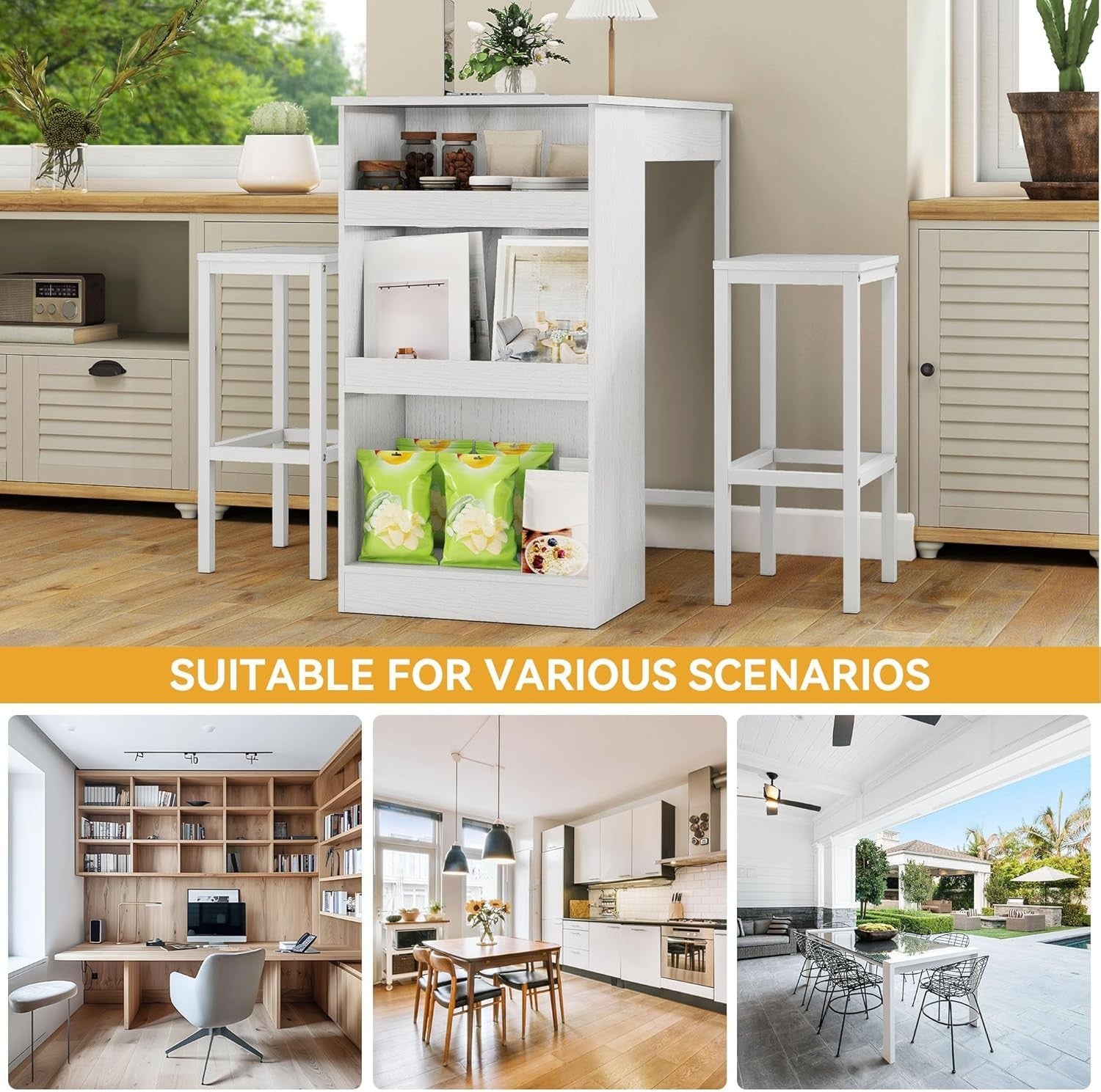 White Bar Table Set with 2 Stools Industrial Wood Top and Storage Shelves