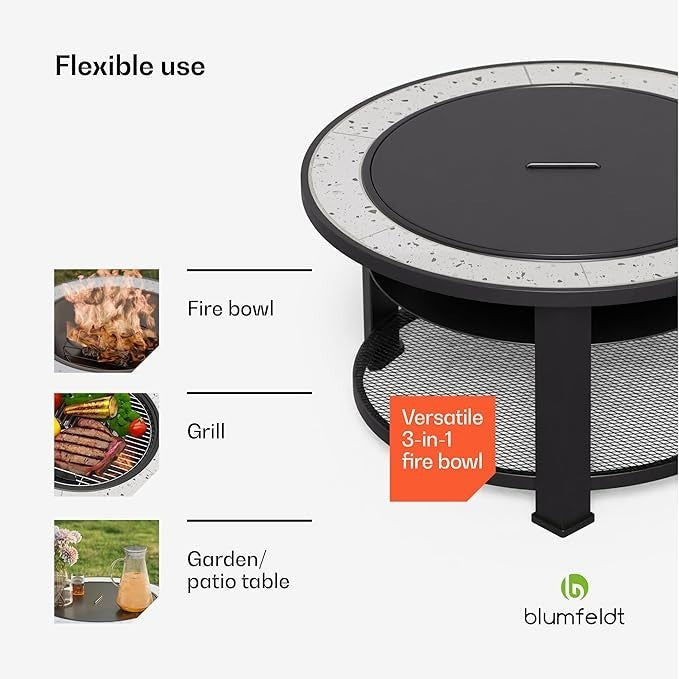 3-in-1 Fire Pit BBQ Table Outdoor Round Terrazzo Top Durable Steel Frame